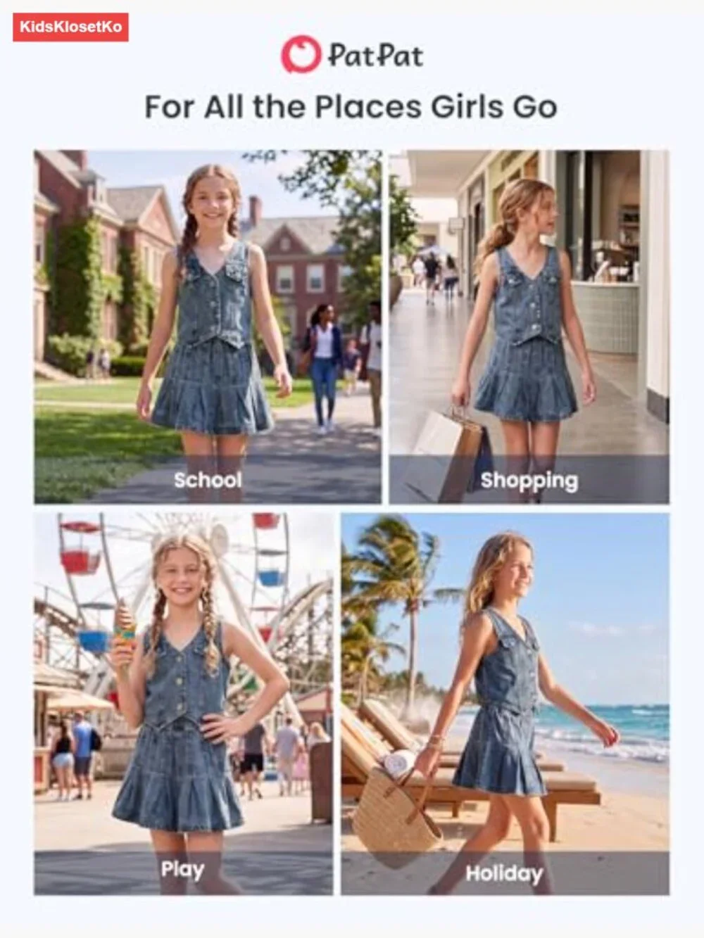 Girls Preppy Denim Vest & Pleated Skirt Set 2-Piece Outfit Soft Breathable